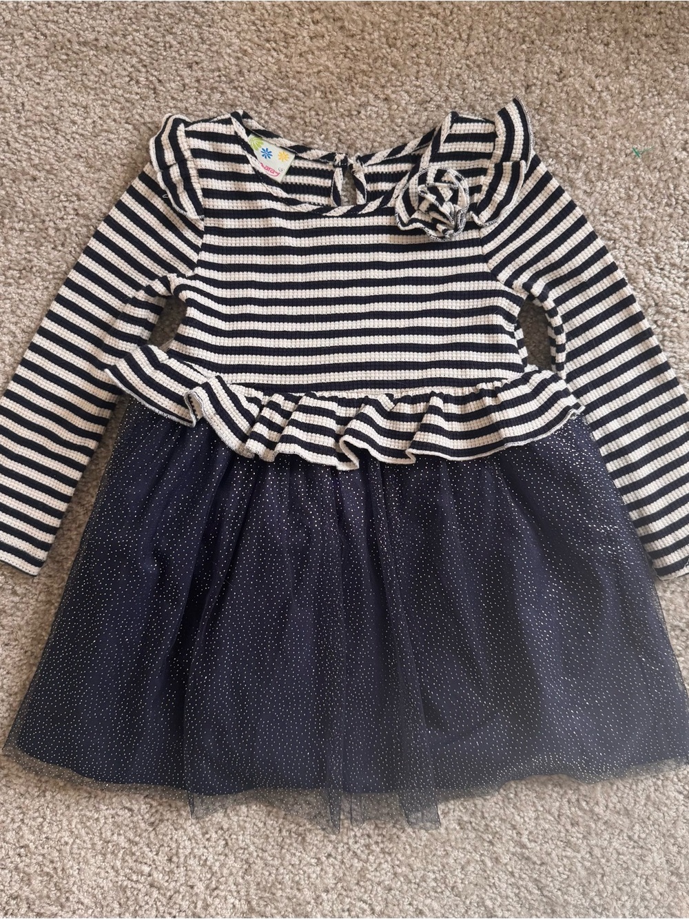 Striped Navy & White Tulle Peplum Dress for Girls